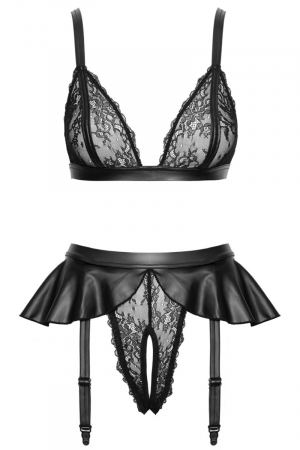 Soutien-gorge et slip fendu à jarretelles noir - Cottelli LINGERIE – Image 3